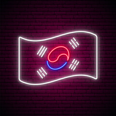 Wall Mural - South Korea flag neon sign. Glowing waving South Korea national flag isolated on dark brick wall background. Stock vector illustration.