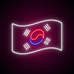 Sticker - South Korea flag neon sign. Glowing waving South Korea national flag isolated on dark brick wall background. Stock vector illustration.