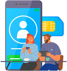Wall Mural - people using cell to receive messages and phone calls. couple uses gadgets, tablet, credit card. hap