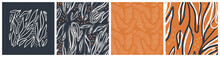 Calm Boho Seamless Pattern And Main Print Set With Leaves And Snakes In Natural Terracotta Orange, Dark Grey And White Colors. Trendy Vector Background With Abstract Nature Inspired Graphic.