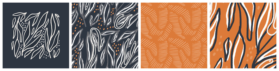 Calm boho seamless pattern and main print set with leaves and snakes in natural terracotta orange, dark grey and white colors. Trendy vector background with abstract nature inspired graphic.