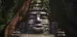 An ancient stone idol face overgrown with moss and green vegetation. Mysterious sacred scene. Photorealistic 3D illustration.