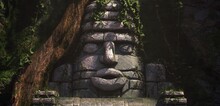 An Ancient Stone Idol Face Overgrown With Moss And Green Vegetation. Mysterious Sacred Scene. Photorealistic 3D Illustration.