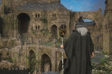 Wall Mural - Old grey wizard stands before the bridge to a mystical fantasy castle. 3D illustration.