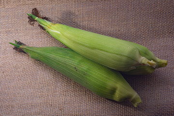 green corn on the cob with straw