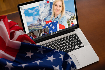 Wall Mural - Video Call Chatting Communication Concept. flag of the usa