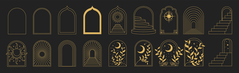 boho arch frame with flowers, sun and moon. in trendy linear style, mystical borders for postcards, 