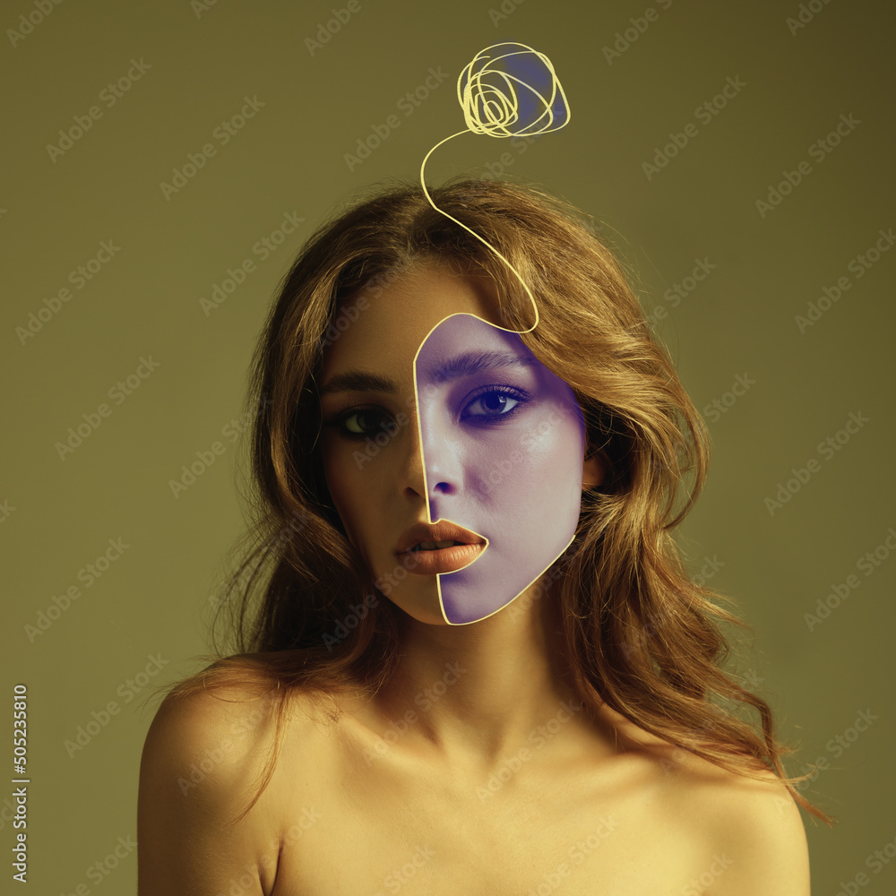 beautiful female nude face with mask and flower drawn by yellow line