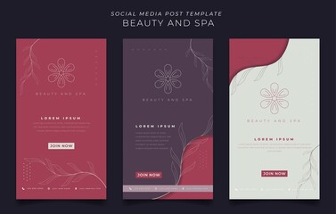 Wall Mural - Set of social media post template with feminine design in portrait background for spa template