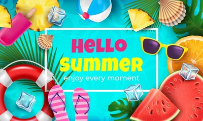 Canvas Print - Hello Summer Enjoy Every Moment Ads Banner Concept Poster Card with Swimming Pool Rubber Ring. Vector illustration