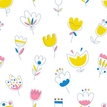Spring Cheerful Pattern With Tulips. Seamless Vector Modern Style. Floral Print Line Art For Print