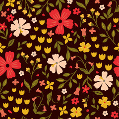 Wall Mural - Simple seamless pattern with flowers on a dark background. Vector graphics.