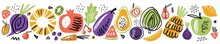 Horizontal Illustration Of A Pattern With Vegetables And Fruits Drawn By Hand. Scandinavian Style