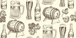 Beer seamless pattern with beer glass, mug, bottle, barrel