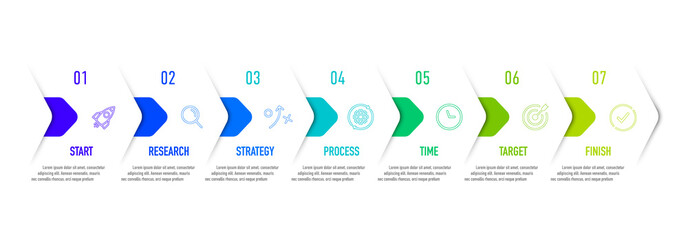 Poster - Timeline arrow infographic design with 7 options or steps. Infographics for business concept. Used for presentations workflow layout, banner, process, diagram, flow chart, info graph, annual report.