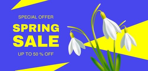 Wall Mural - Spring Sale Discount Banner Template. Beautiful background with snowdrop flowers. Season banner  