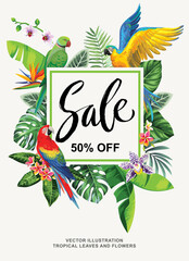 Tropical Hawaiian card template with birds, palm leaves and exotic flowers. Summer design. Vector illustration.