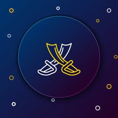 Poster - Line Crossed pirate swords icon isolated on blue background. Sabre sign. Colorful outline concept. Vector