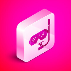 Wall Mural - Isometric Diving mask and snorkel icon isolated on pink background. Extreme sport. Diving underwater equipment. Silver square button. Vector