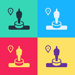 Poster - Pop art Map pin and monument icon isolated on color background. Navigation, pointer, location, map, gps, direction, place, compass, search concept. Vector