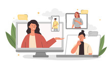 Video Conference Concept. Young Female Employees Of Company In Screens Of Digital Devices Communicate And Discuss Project. Remote Meeting Of Colleagues. Online Work. Cartoon Flat Vector Illustration