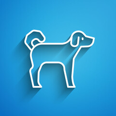 Sticker - White line Dog icon isolated on blue background. Long shadow. Vector