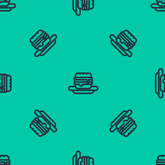 Poster - Blue line Junk food icon isolated seamless pattern on green background. Prohibited hot dog. No Fast food sign. Vector