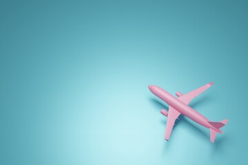 Poster - Pink plane on a turquoise background. Concept of transportation by plane, trips and vacations. Airplane top view. 3d render, 3d illustration.