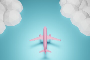 Poster - Pink plane on a turquoise background. Concept of transportation by plane, trips and vacations. Airplane top view. 3d render, 3d illustration.