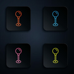 Poster - Color neon line Push pin icon isolated on black background. Thumbtacks sign. Set icons in square buttons. Vector