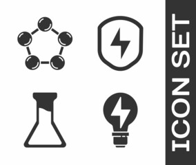 Wall Mural - Set Light bulb with lightning, Molecule, Test tube and flask and Secure shield with lightning icon. Vector