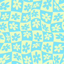 Warped Checkered Smiling Daisy Pattern. Vector Seamless Pattern.