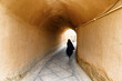 Iranian woman wearing black chador walking along street of Yazd
