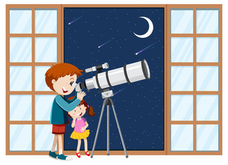 Sticker - Kids observe night sky with telescope