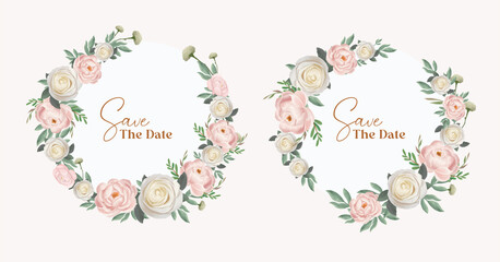 Watercolor floral frame template. Round circle flower wreath frame wedding invitation set