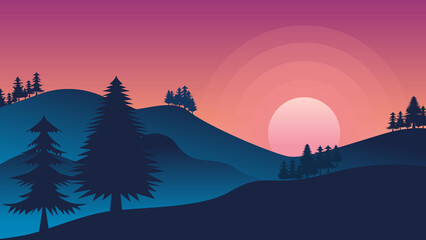 Wall Mural - Mountain landscape vector background. Sunset wallpaper hills, mountains, forest, sun and pine trees with vibrant gradient color. Landscape graphic design for prints, banner, covers, poster.