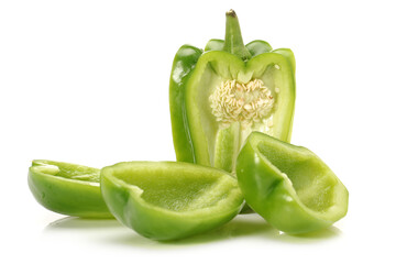 Wall Mural - Green chili pepper cut in pieces on a white background