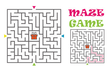 Wall Mural - Square maze labyrinth game for kids. Logic conundrum. Four entrance and one right way to go. Vector flat illustration