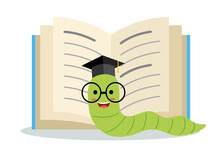 Bookworm Character Cartoon With Opening  Book In Flat Design On White Background. I Love Reading.