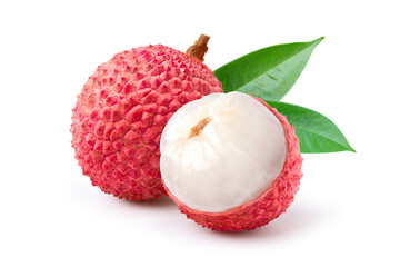 Wall Mural - Juicy Lychee with cut in half and leaves  isolated on white background. Clipping path.