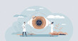 LASIK eye surgery, checkup and sight correction therapy tiny person concept. Cornea laser procedure and care with optometry doctor appointment for diagnosis and annual eyes check vector illustration.