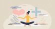 Mental wellbeing with love and health balance for peace tiny person concept. Calm emotions and happiness mindset with value esteem and appreciation vector illustration. Female yoga and meditation pose