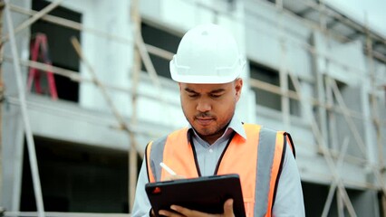 Wall Mural - Serious asian engineer man Using tablet for checking and maintenance to inspection at modern home building construction. Architect looking forward with white safety helmet in construction site