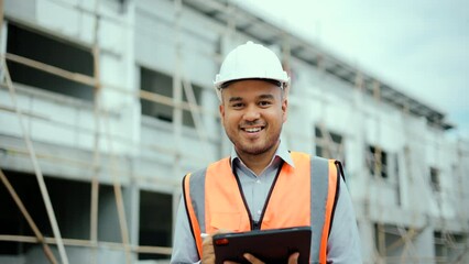 Wall Mural - Serious asian engineer man Using tablet for checking and maintenance to inspection at modern home building construction. Architect looking forward with white safety helmet in construction site