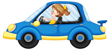 Cartoon Girl Driving Blue Car