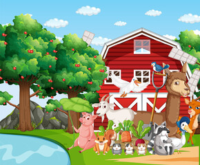 Wall Mural - Farm scene with many animals by the barn