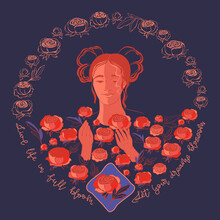 Portrait Of Woman With Red Flowers On Blue. Vector Illustration.