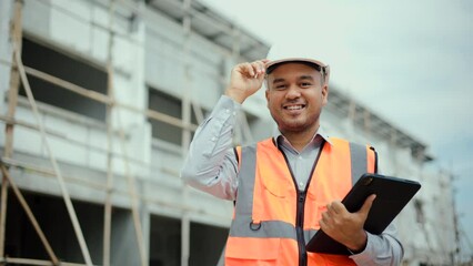 Wall Mural - Confident asian engineer man with tablet for checking and maintenance to inspection at modern home building construction. Architect looking camera with white safety helmet in construction site