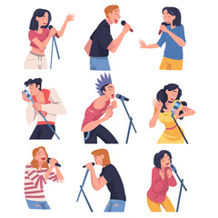 Poster - Singers and Musician with Microphone Perform Music on Stage Vector Set