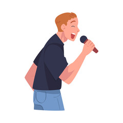 Sticker - Man Singer and Musician with Microphone Performing Music on Stage Vector Illustration